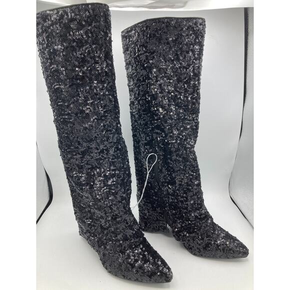 A New Day Abba Black Sequin Covered Foldover Knee High Evening Boots -- Size 6.5 - Picture 1 of 7